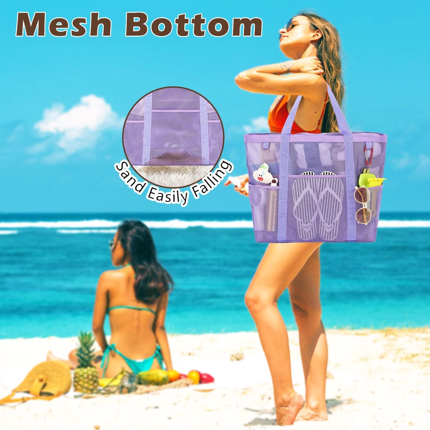 image:imageFammart Mesh Beach Bag with Zipper for Women Large Beach Tote Sandproof Toys Pool Swim Bag Travel Vacation Cruise EssentialsLarge Zipper Closure Purple