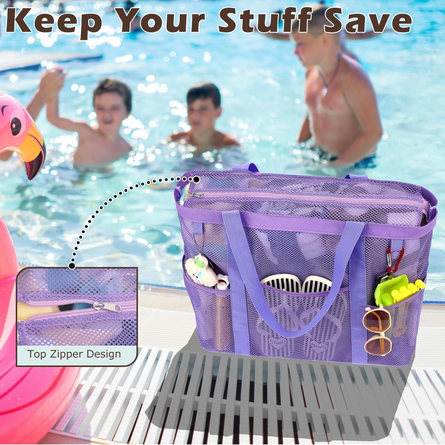 image:imageFammart Mesh Beach Bag with Zipper for Women Large Beach Tote Sandproof Toys Pool Swim Bag Travel Vacation Cruise EssentialsLarge Zipper Closure Purple