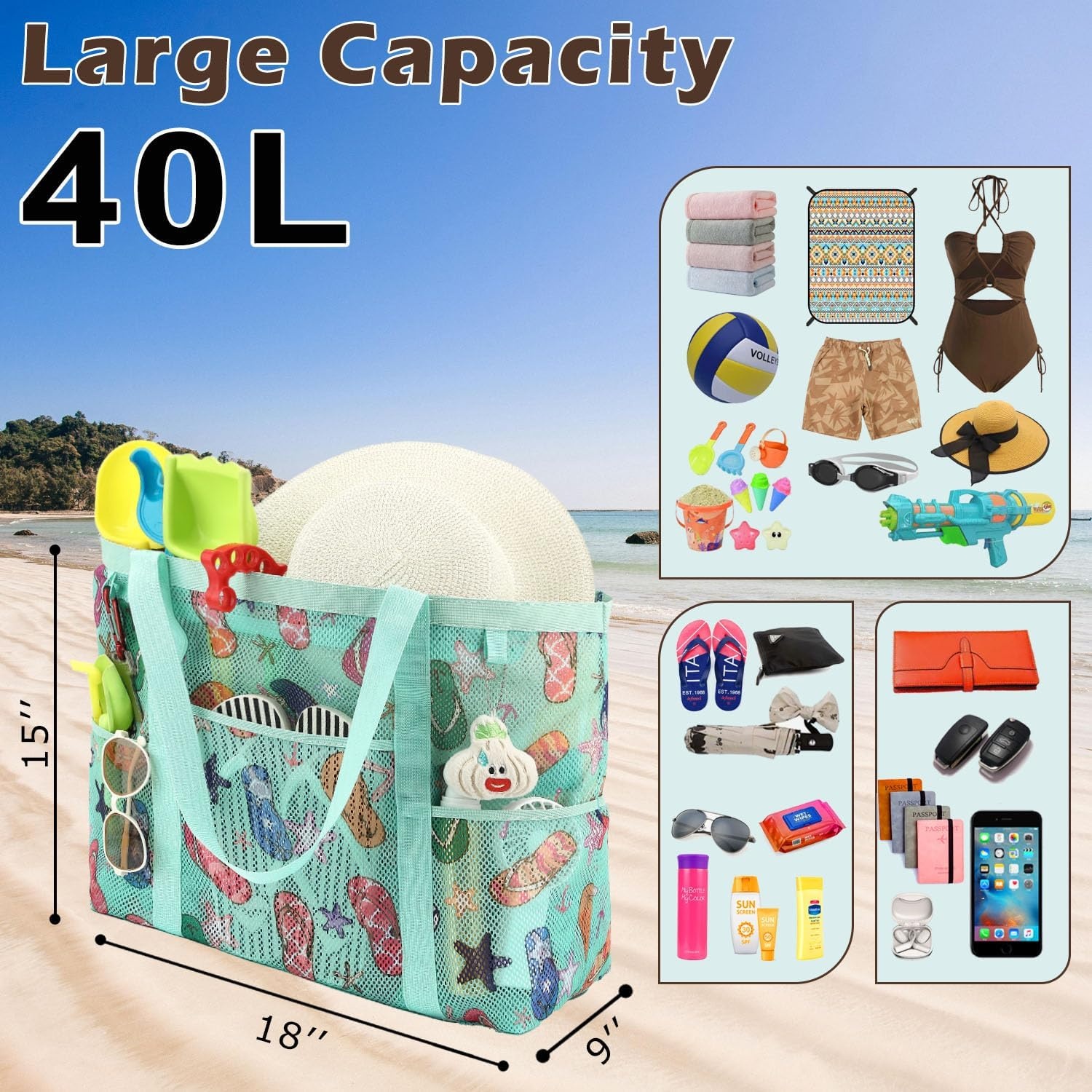 image:imageFammart Mesh Beach Bag with Zipper for Women Large Beach Tote Sandproof Toys Pool Swim Bag Travel Vacation Cruise EssentialsLarge Zipper Closure Slipper