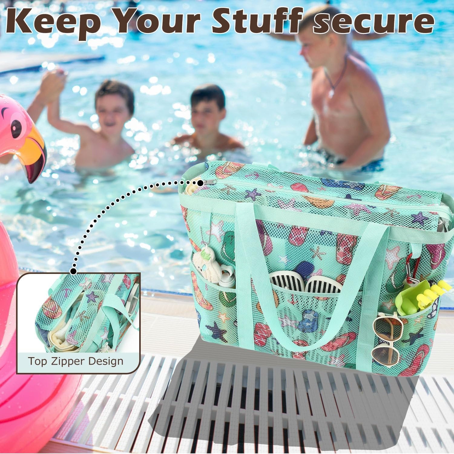 image:imageFammart Mesh Beach Bag with Zipper for Women Large Beach Tote Sandproof Toys Pool Swim Bag Travel Vacation Cruise EssentialsLarge Zipper Closure Slipper