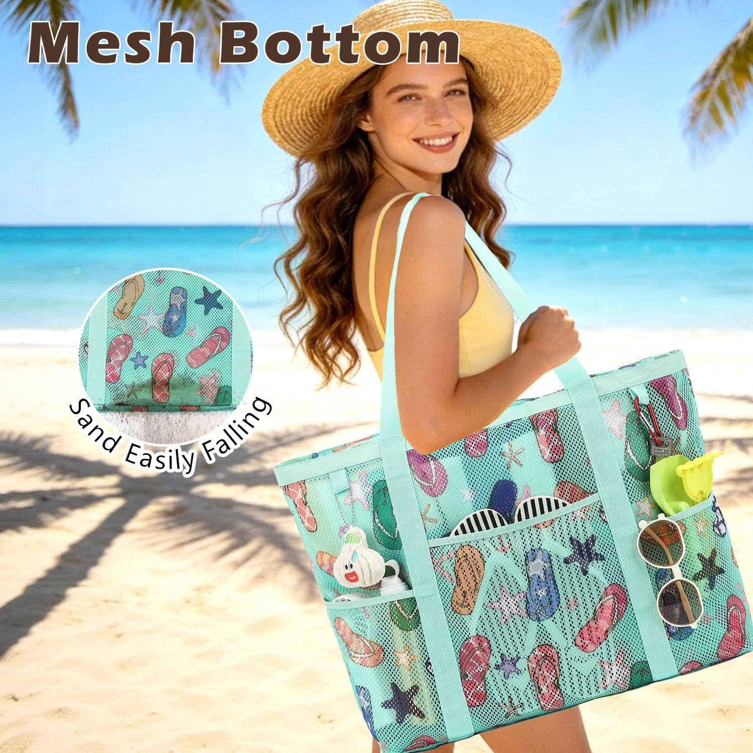 image:imageFammart Mesh Beach Bag with Zipper for Women Large Beach Tote Sandproof Toys Pool Swim Bag Travel Vacation Cruise EssentialsLarge Zipper Closure Slipper