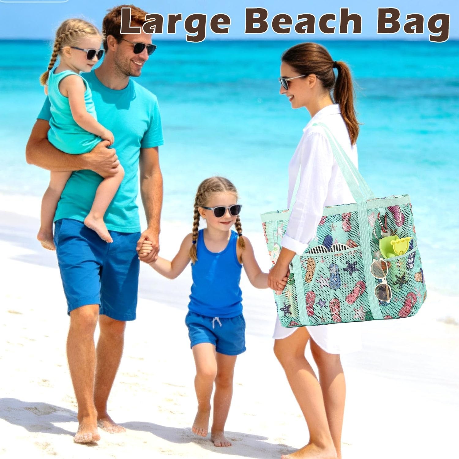 image:imageFammart Mesh Beach Bag with Zipper for Women Large Beach Tote Sandproof Toys Pool Swim Bag Travel Vacation Cruise EssentialsLarge Zipper Closure Slipper