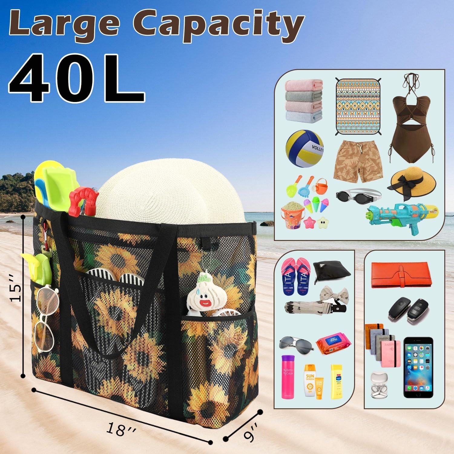image:imageFammart Mesh Beach Bag with Zipper for Women Large Beach Tote Sandproof Toys Pool Swim Bag Travel Vacation Cruise EssentialsLarge Zipper Closure Sunflower