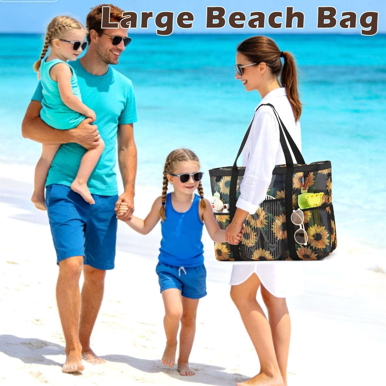 image:imageFammart Mesh Beach Bag with Zipper for Women Large Beach Tote Sandproof Toys Pool Swim Bag Travel Vacation Cruise EssentialsLarge Zipper Closure Sunflower