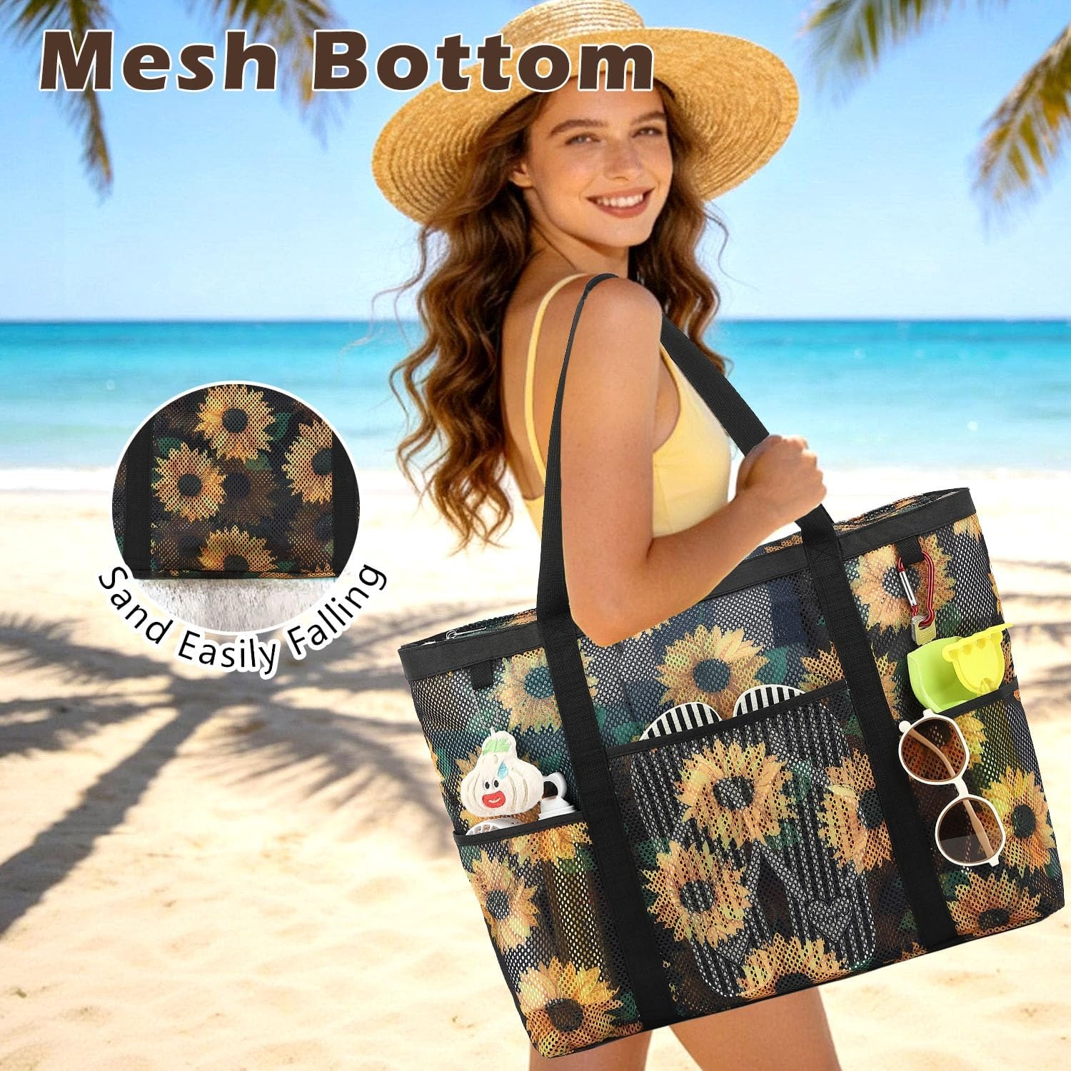 image:imageFammart Mesh Beach Bag with Zipper for Women Large Beach Tote Sandproof Toys Pool Swim Bag Travel Vacation Cruise EssentialsLarge Zipper Closure Sunflower