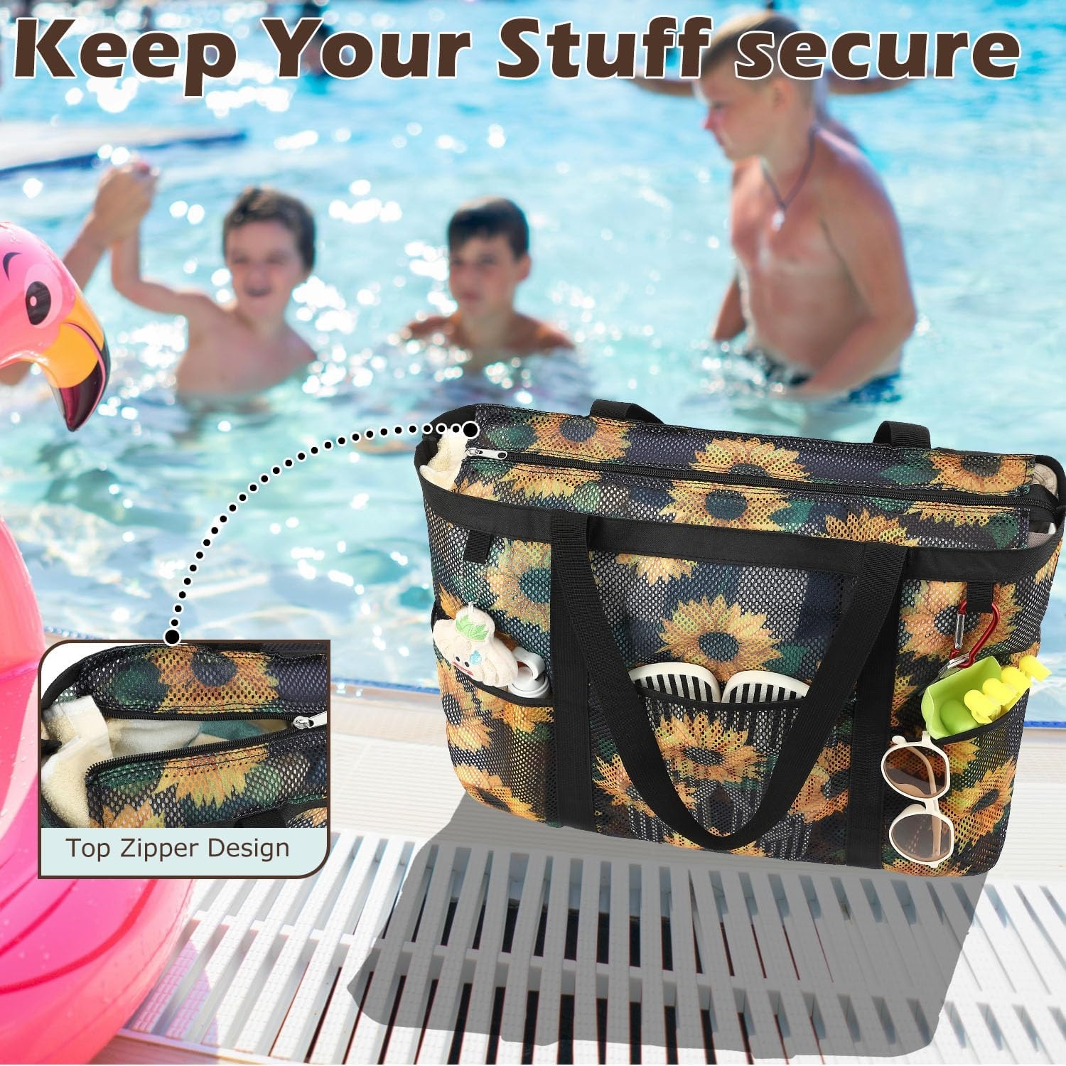 image:imageFammart Mesh Beach Bag with Zipper for Women Large Beach Tote Sandproof Toys Pool Swim Bag Travel Vacation Cruise EssentialsLarge Zipper Closure Sunflower