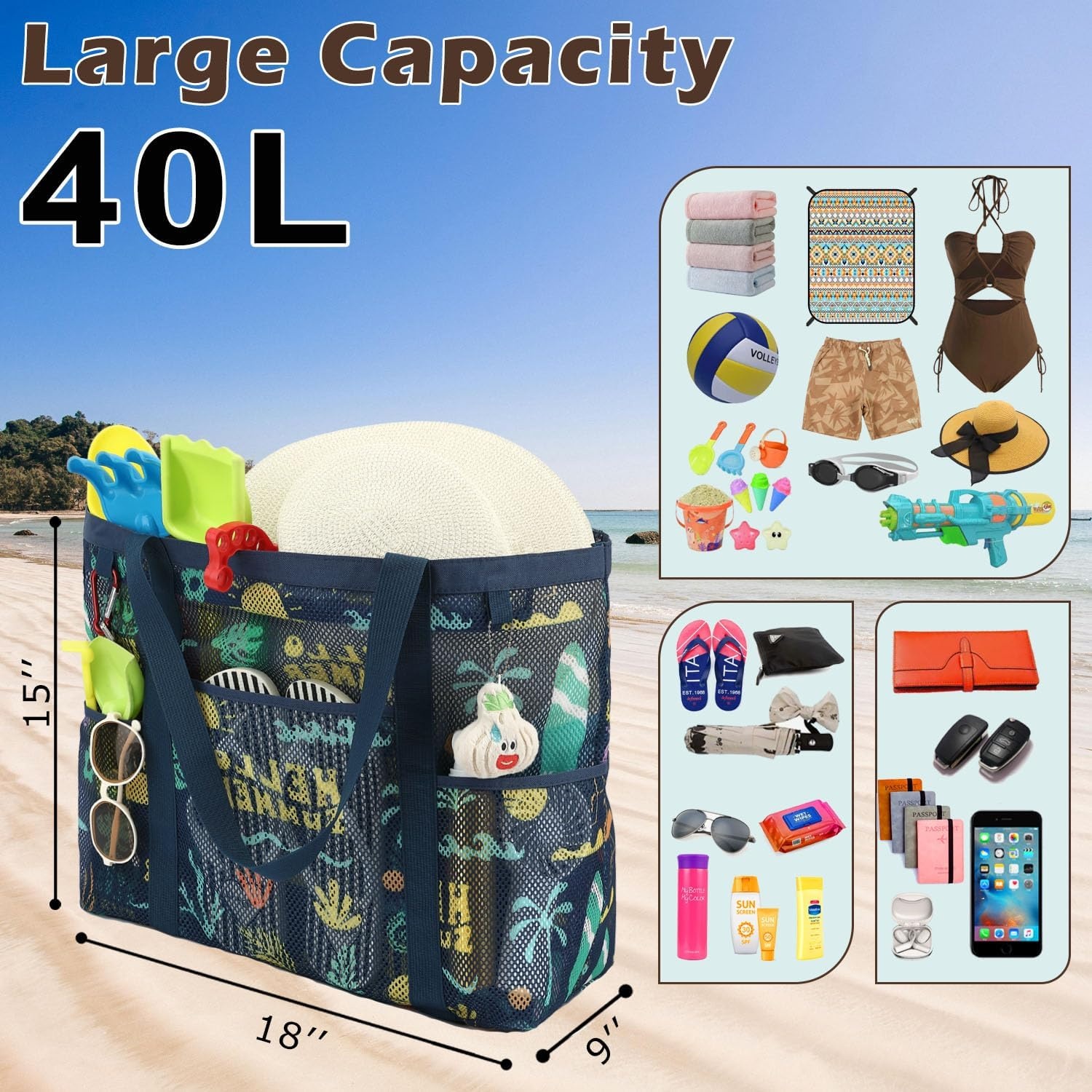 image:imageFammart Mesh Beach Bag with Zipper for Women Large Beach Tote Sandproof Toys Pool Swim Bag Travel Vacation Cruise EssentialsLarge Zipper Closure Surfboard