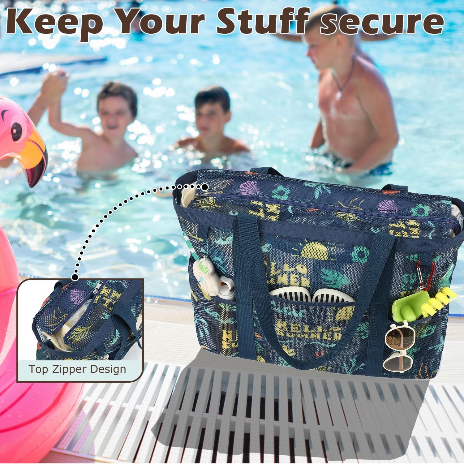image:imageFammart Mesh Beach Bag with Zipper for Women Large Beach Tote Sandproof Toys Pool Swim Bag Travel Vacation Cruise EssentialsLarge Zipper Closure Surfboard