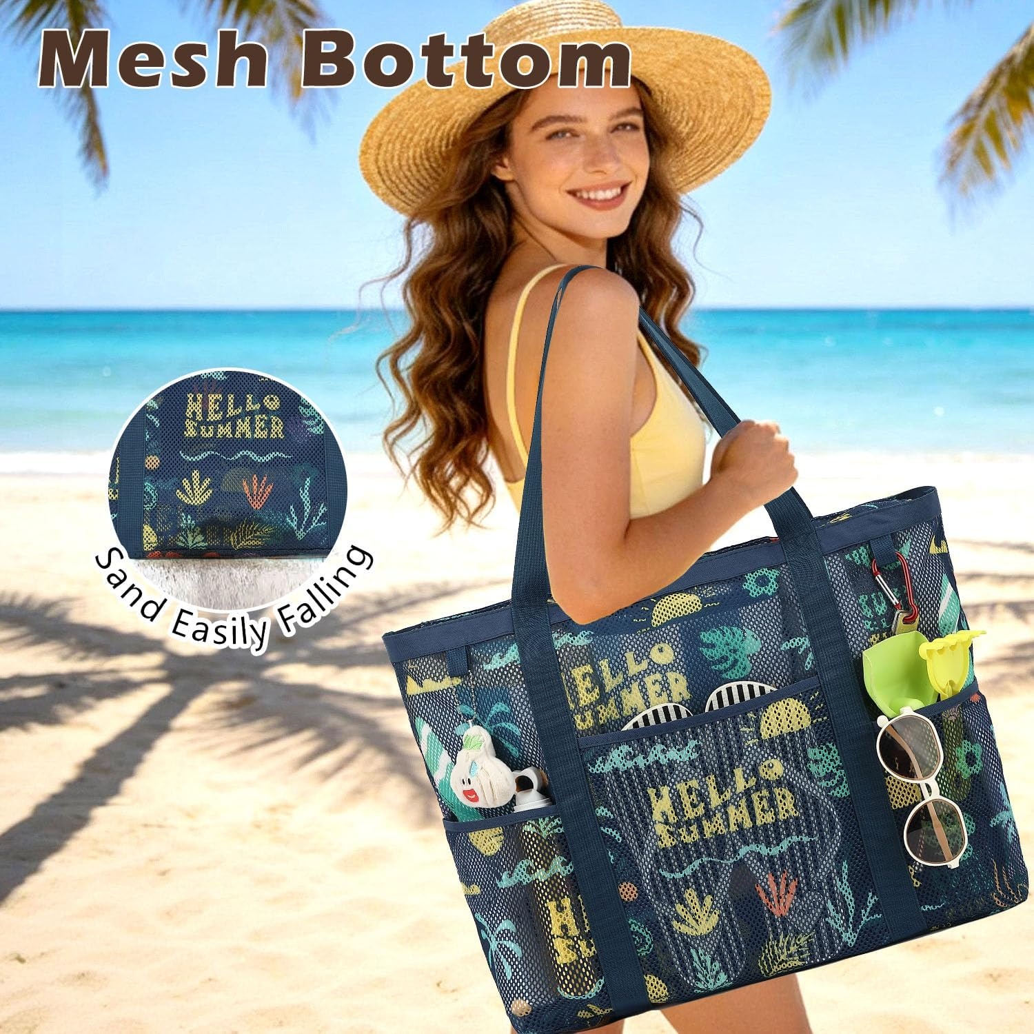 image:imageFammart Mesh Beach Bag with Zipper for Women Large Beach Tote Sandproof Toys Pool Swim Bag Travel Vacation Cruise EssentialsLarge Zipper Closure Surfboard