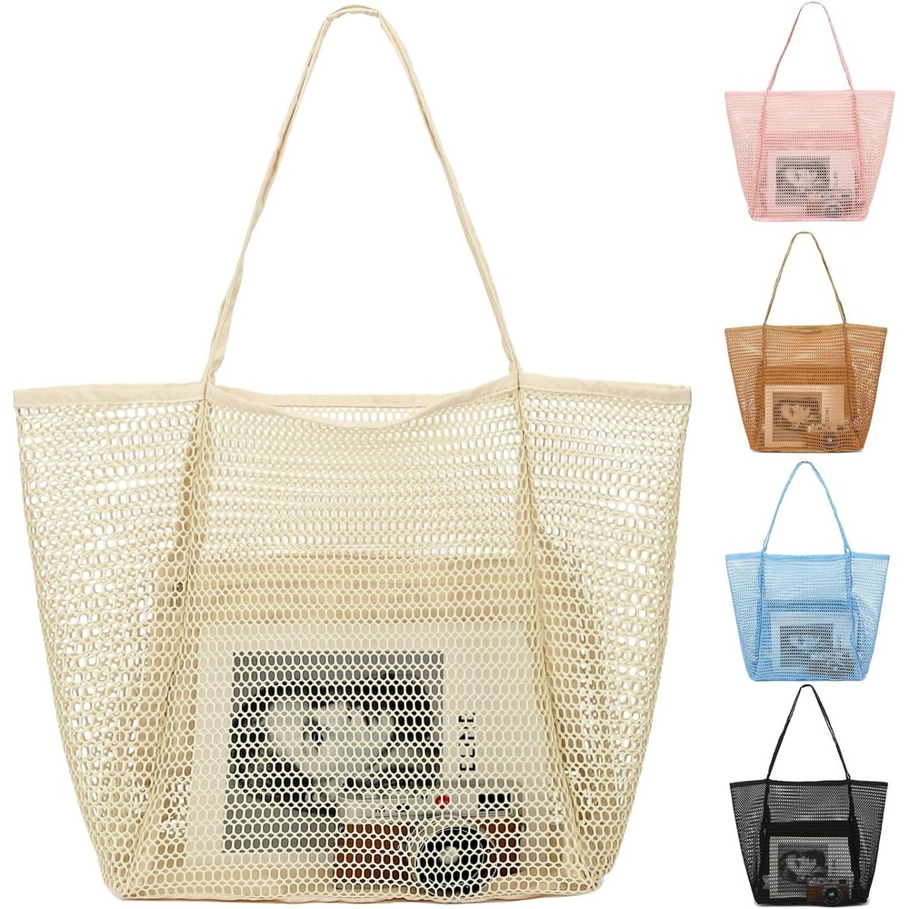 image:imageFammart Mesh Beach Bag for Women Summer Straw Tote Hobo Pool Bags with Zipper Pocket Travel Vacation Cruise Essentials 2026Large B Beige