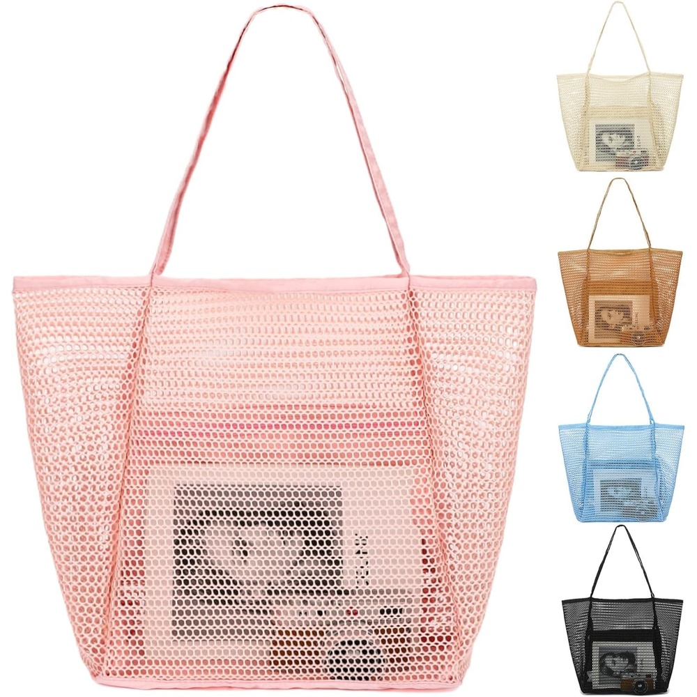 image:imageFammart Mesh Beach Bag for Women Summer Straw Tote Hobo Pool Bags with Zipper Pocket Travel Vacation Cruise Essentials 2026Large B Pink