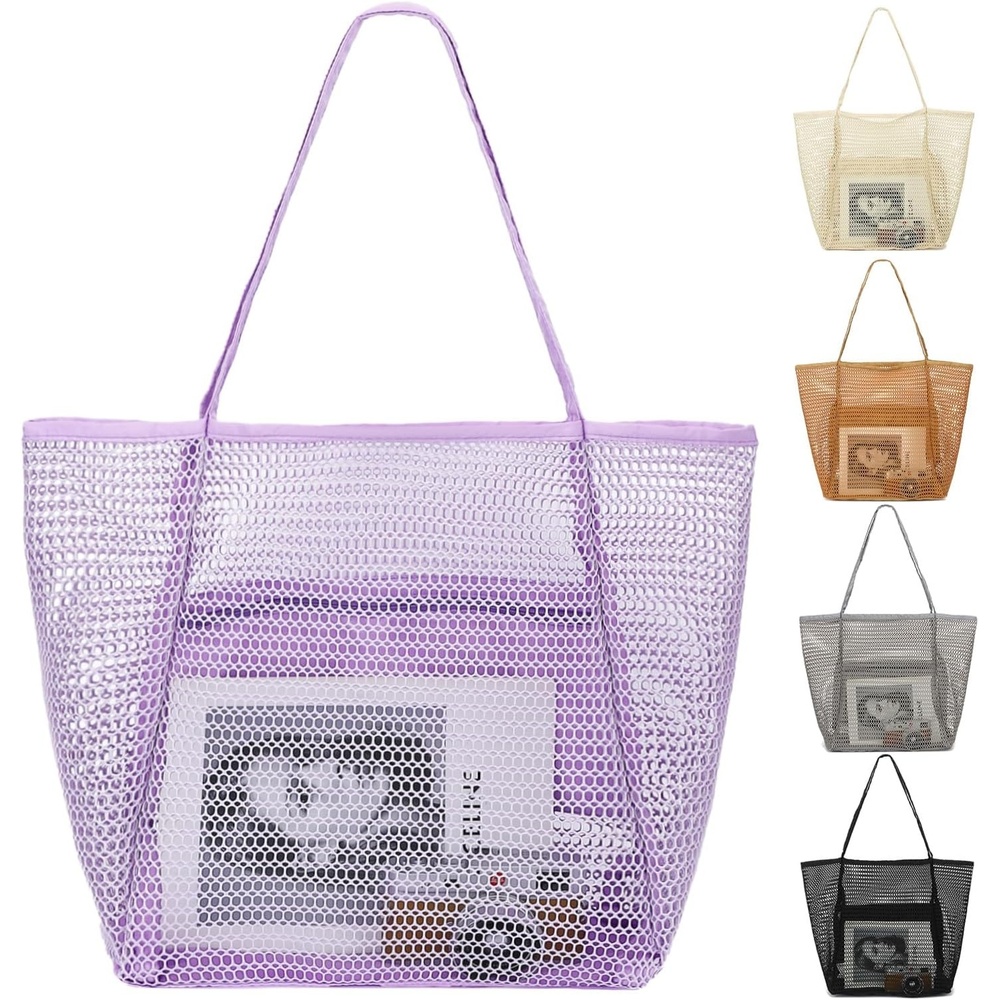 image:imageFammart Mesh Beach Bag for Women Summer Straw Tote Hobo Pool Bags with Zipper Pocket Travel Vacation Cruise Essentials 2026Large B Purple