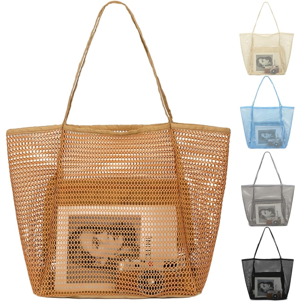 image:imageFammart Mesh Beach Bag for Women Summer Straw Tote Hobo Pool Bags with Zipper Pocket Travel Vacation Cruise Essentials 2026Large B Tan