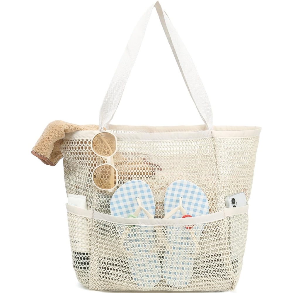 image:imageFammart Mesh Beach Bag for Women Summer Straw Tote Hobo Pool Bags with Zipper Pocket Travel Vacation Cruise Essentials 2026Multipocket Beige
