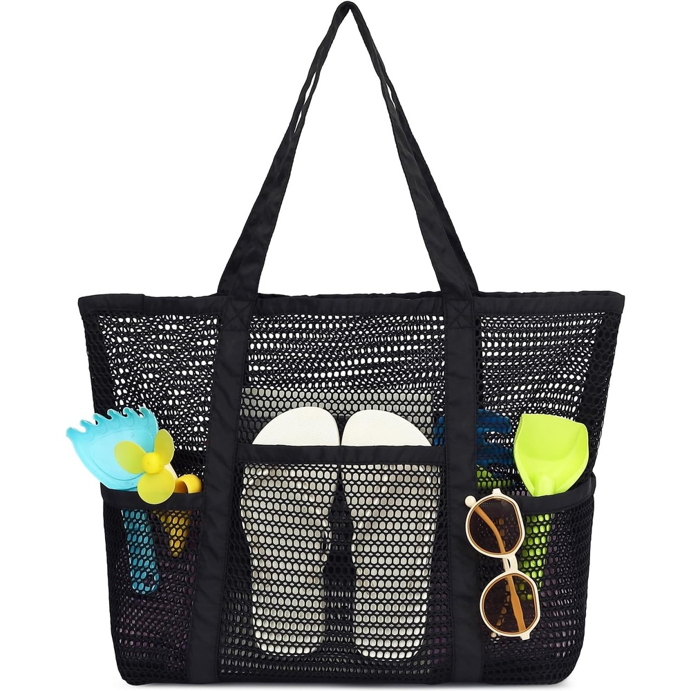 image:imageFammart Mesh Beach Bag for Women Summer Straw Tote Hobo Pool Bags with Zipper Pocket Travel Vacation Cruise Essentials 2026Multipocket B Black