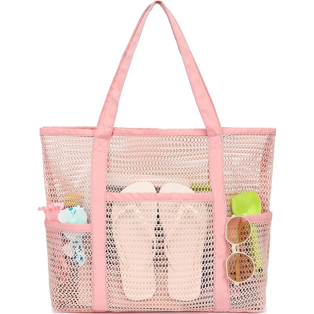 image:imageFammart Mesh Beach Bag for Women Summer Straw Tote Hobo Pool Bags with Zipper Pocket Travel Vacation Cruise Essentials 2026Multipocket B Pink