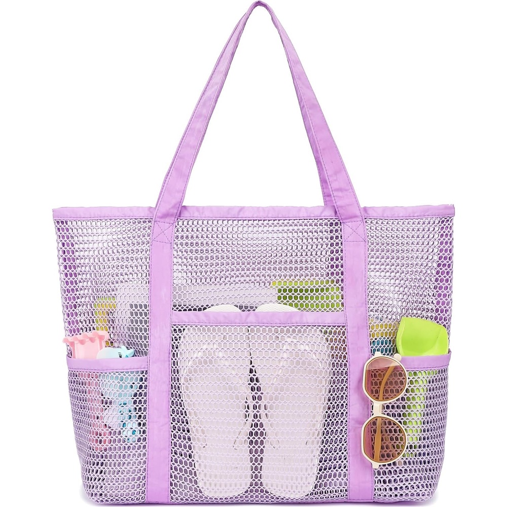 image:imageFammart Mesh Beach Bag for Women Summer Straw Tote Hobo Pool Bags with Zipper Pocket Travel Vacation Cruise Essentials 2026Multipocket B Purple
