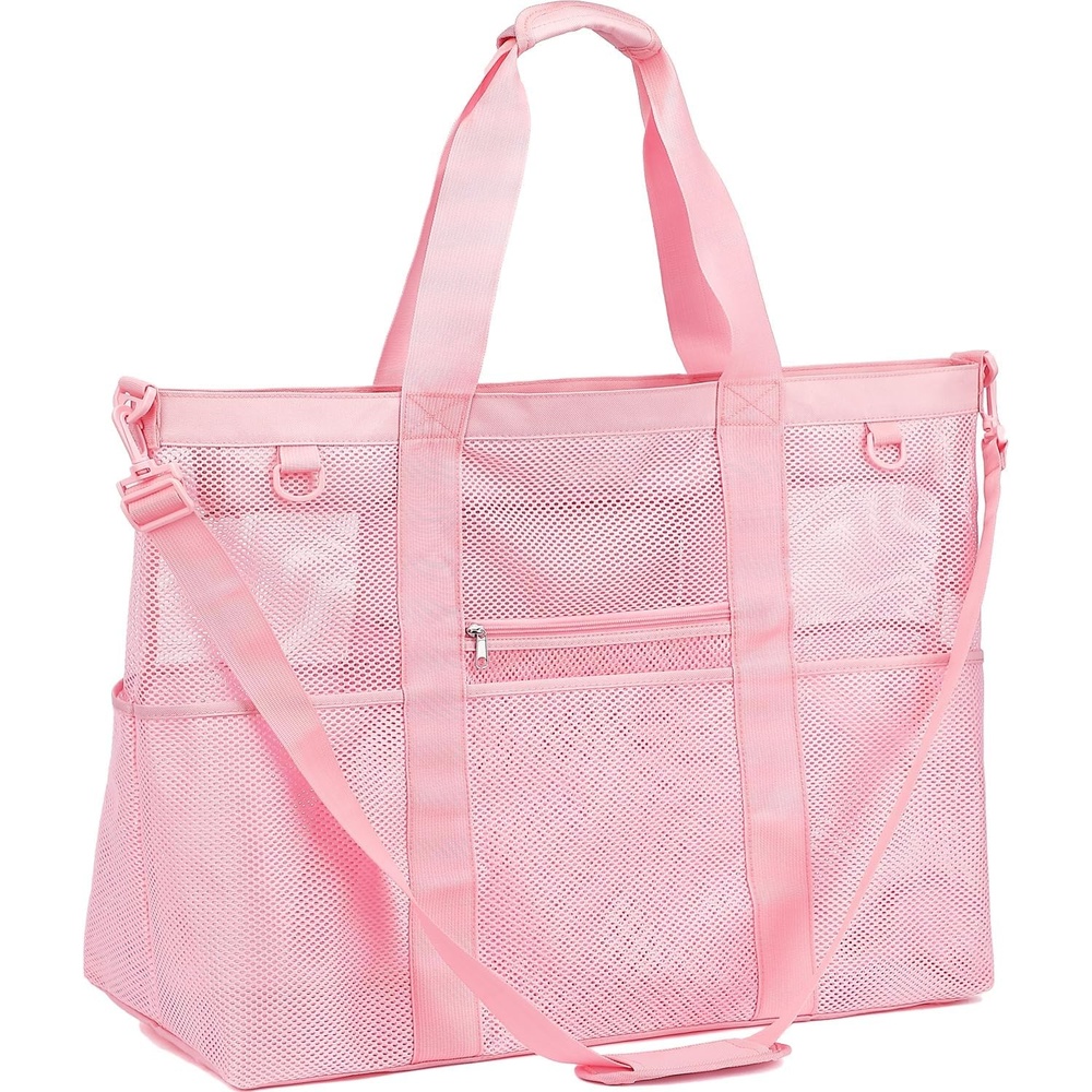 image:imageFammart Mesh Beach Bag with Zipper for Women Large Beach Tote Sandproof Toys Pool Swim Bag Travel Vacation Cruise EssentialsExtra Large Zipper Closure Pink