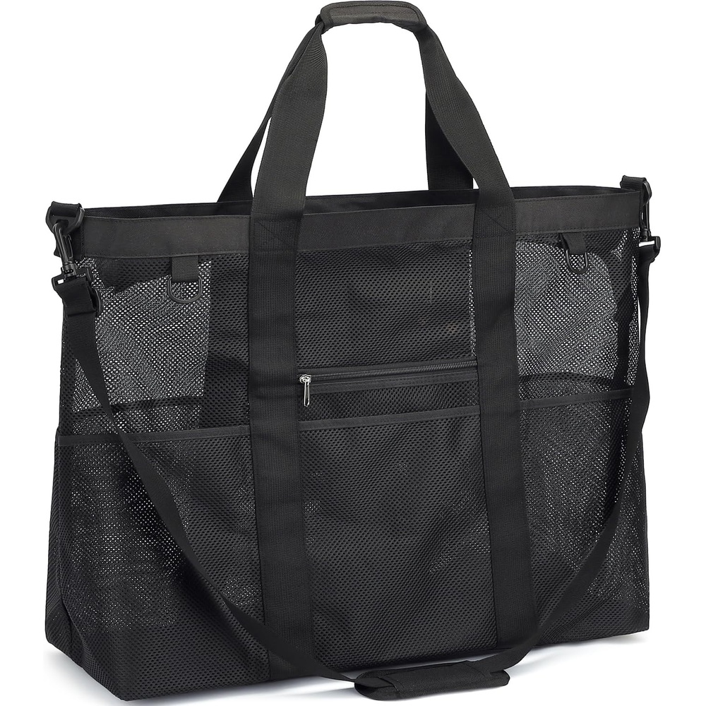 image:imageFammart Mesh Beach Bag with Zipper for Women Large Beach Tote Sandproof Toys Pool Swim Bag Travel Vacation Cruise EssentialsExtra Large Zipper Closure Black
