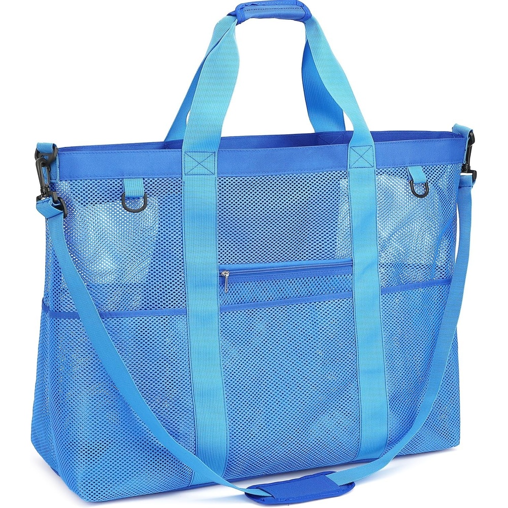image:imageFammart Mesh Beach Bag with Zipper for Women Large Beach Tote Sandproof Toys Pool Swim Bag Travel Vacation Cruise EssentialsExtra Large Zipper Closure Blue