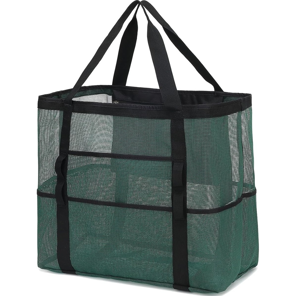 image:imageFammart Mesh Beach Bag with Zipper for Women Large Beach Tote Sandproof Toys Pool Swim Bag Travel Vacation Cruise EssentialsLarge Army Green