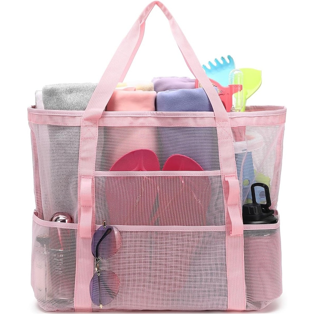 image:imageFammart Mesh Beach Bag with Zipper for Women Large Beach Tote Sandproof Toys Pool Swim Bag Travel Vacation Cruise EssentialsLarge Pink