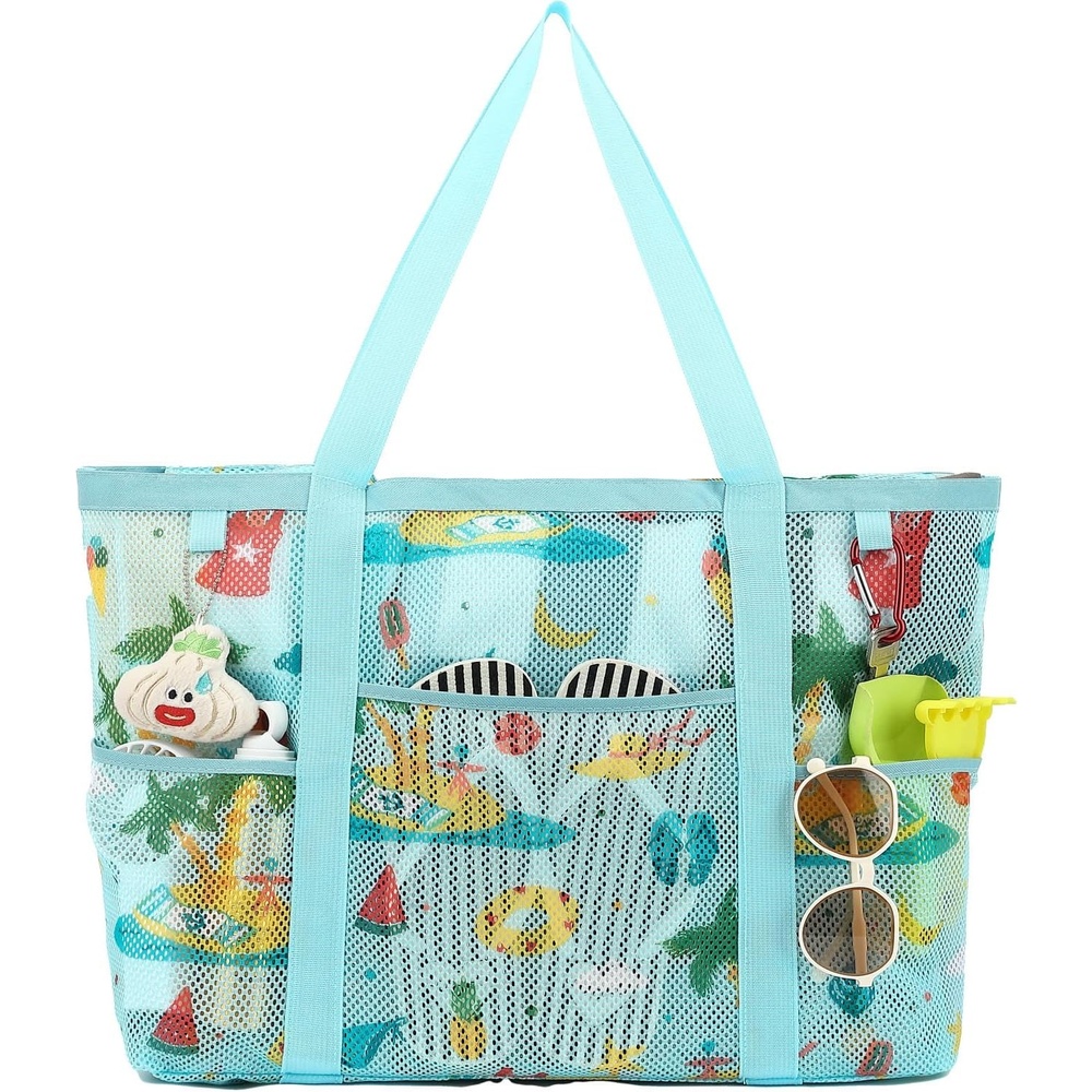 image:imageFammart Mesh Beach Bag with Zipper for Women Large Beach Tote Sandproof Toys Pool Swim Bag Travel Vacation Cruise EssentialsLarge Zipper Closure Coconut Tree