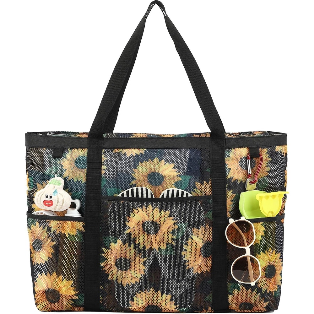 image:imageFammart Mesh Beach Bag with Zipper for Women Large Beach Tote Sandproof Toys Pool Swim Bag Travel Vacation Cruise EssentialsLarge Zipper Closure Sunflower