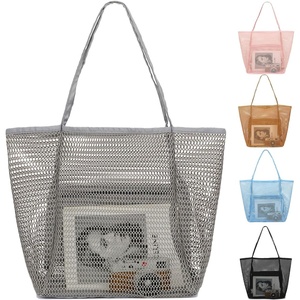 image:imageFammart Mesh Beach Bag for Women Summer Straw Tote Hobo Pool Bags with Zipper Pocket Travel Vacation Cruise Essentials 2026Large B  Dark Gray