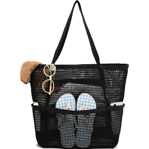 image:imageFammart Mesh Beach Bag for Women Summer Straw Tote Hobo Pool Bags with Zipper Pocket Travel Vacation Cruise Essentials 2026Multipocket  Black