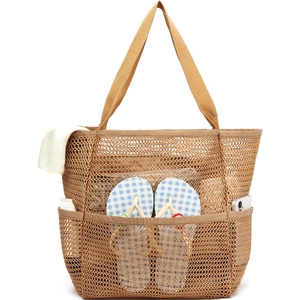 image:imageFammart Mesh Beach Bag for Women Summer Straw Tote Hobo Pool Bags with Zipper Pocket Travel Vacation Cruise Essentials 2026Multipocket  Tan