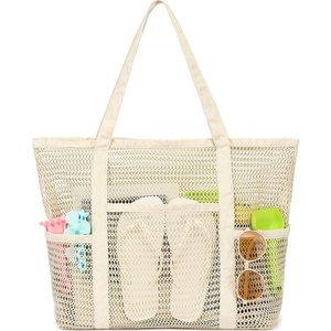 image:imageFammart Mesh Beach Bag for Women Summer Straw Tote Hobo Pool Bags with Zipper Pocket Travel Vacation Cruise Essentials 2026Multipocket B  Beige