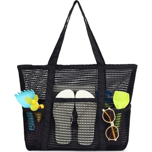 image:imageFammart Mesh Beach Bag for Women Summer Straw Tote Hobo Pool Bags with Zipper Pocket Travel Vacation Cruise Essentials 2026Multipocket B  Black