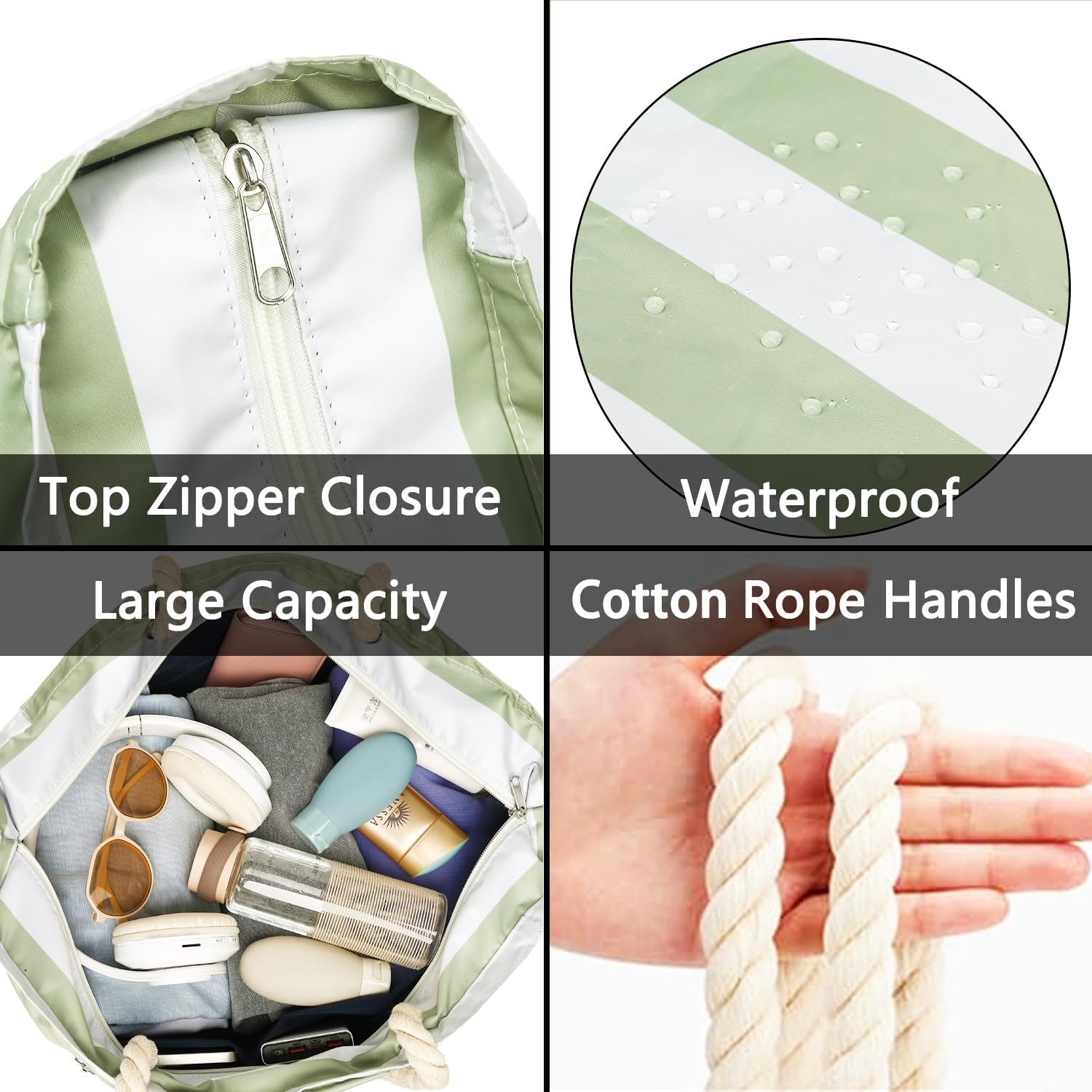 image:imageFammart Beach Bags Waterproof Sandproof for Women Large Canvas Pool Bag with Leakproof Wet Pocket amp Zipper Cruise EssentialsOxford Large Light Green