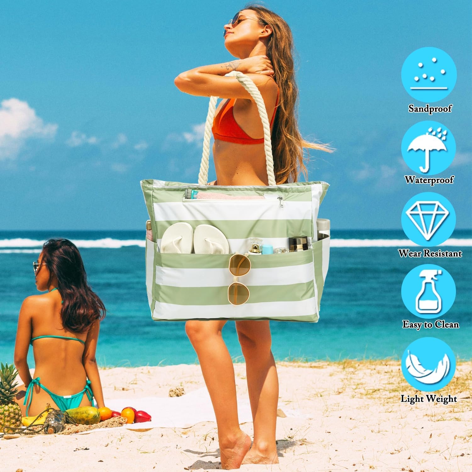 image:imageFammart Beach Bags Waterproof Sandproof for Women Large Canvas Pool Bag with Leakproof Wet Pocket amp Zipper Cruise EssentialsOxford Large Light Green