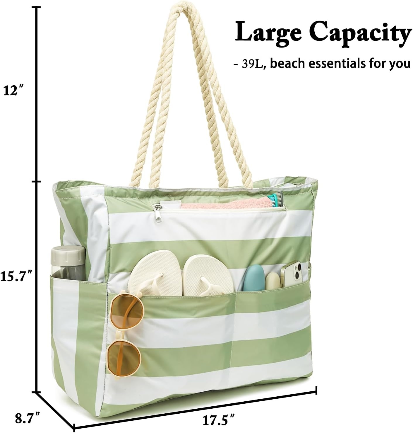 image:imageFammart Beach Bags Waterproof Sandproof for Women Large Canvas Pool Bag with Leakproof Wet Pocket amp Zipper Cruise EssentialsOxford Large Light Green