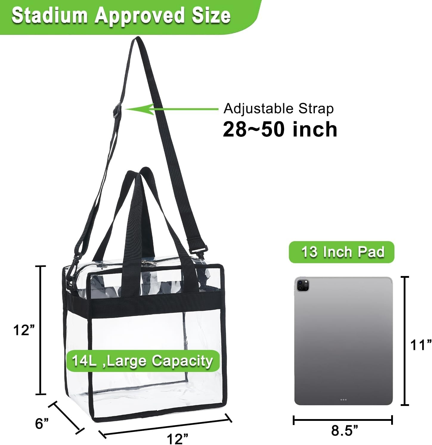image:imageFammart Clear Bag for Stadium Events 12x6x12 Jelly Tote Bag for Women with Zipper for Beach Sports Concerts WorkAdjustable Strap Black
