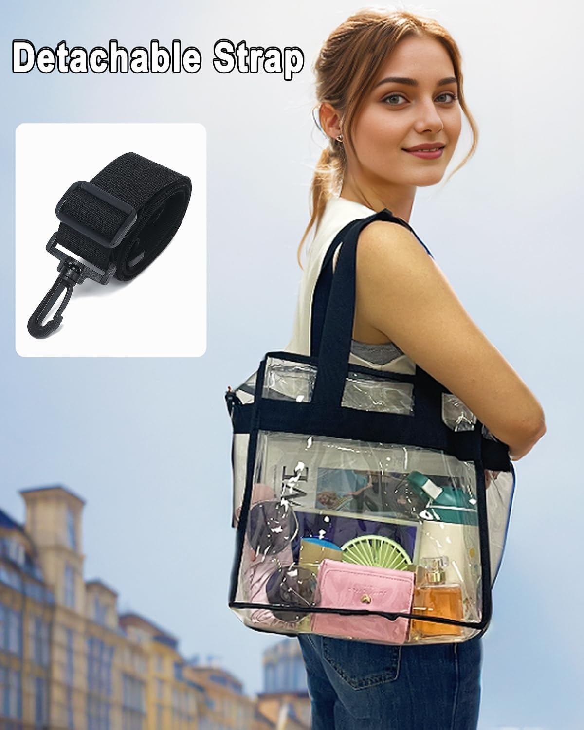 image:imageFammart Clear Bag for Stadium Events 12x6x12 Jelly Tote Bag for Women with Zipper for Beach Sports Concerts WorkAdjustable Strap Black