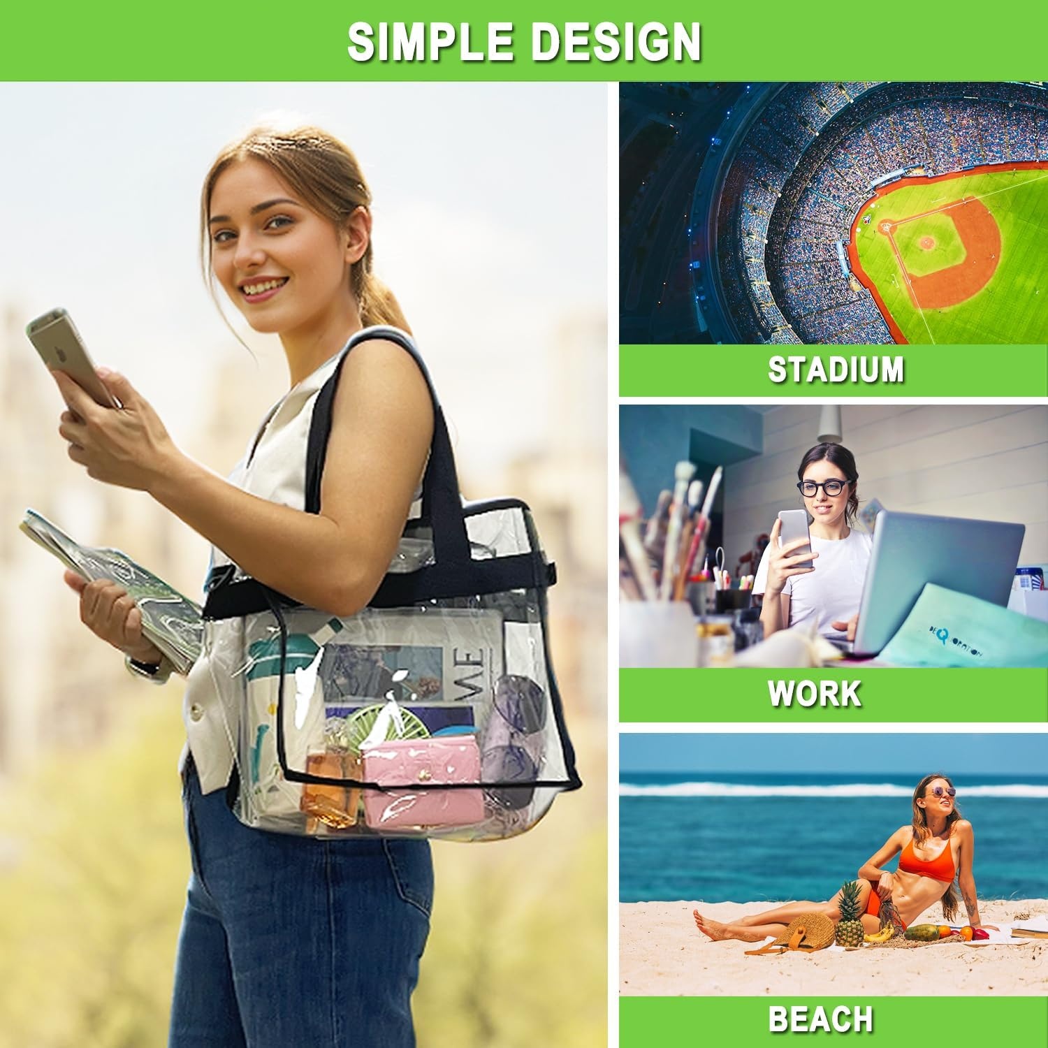 image:imageFammart Clear Bag for Stadium Events 12x6x12 Jelly Tote Bag for Women with Zipper for Beach Sports Concerts WorkAdjustable Strap Black