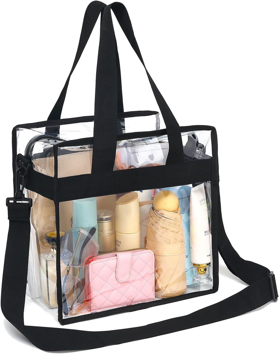 image:imageFammart Clear Bag for Stadium Events 12x6x12 Jelly Tote Bag for Women with Zipper for Beach Sports Concerts WorkAdjustable Strap Black