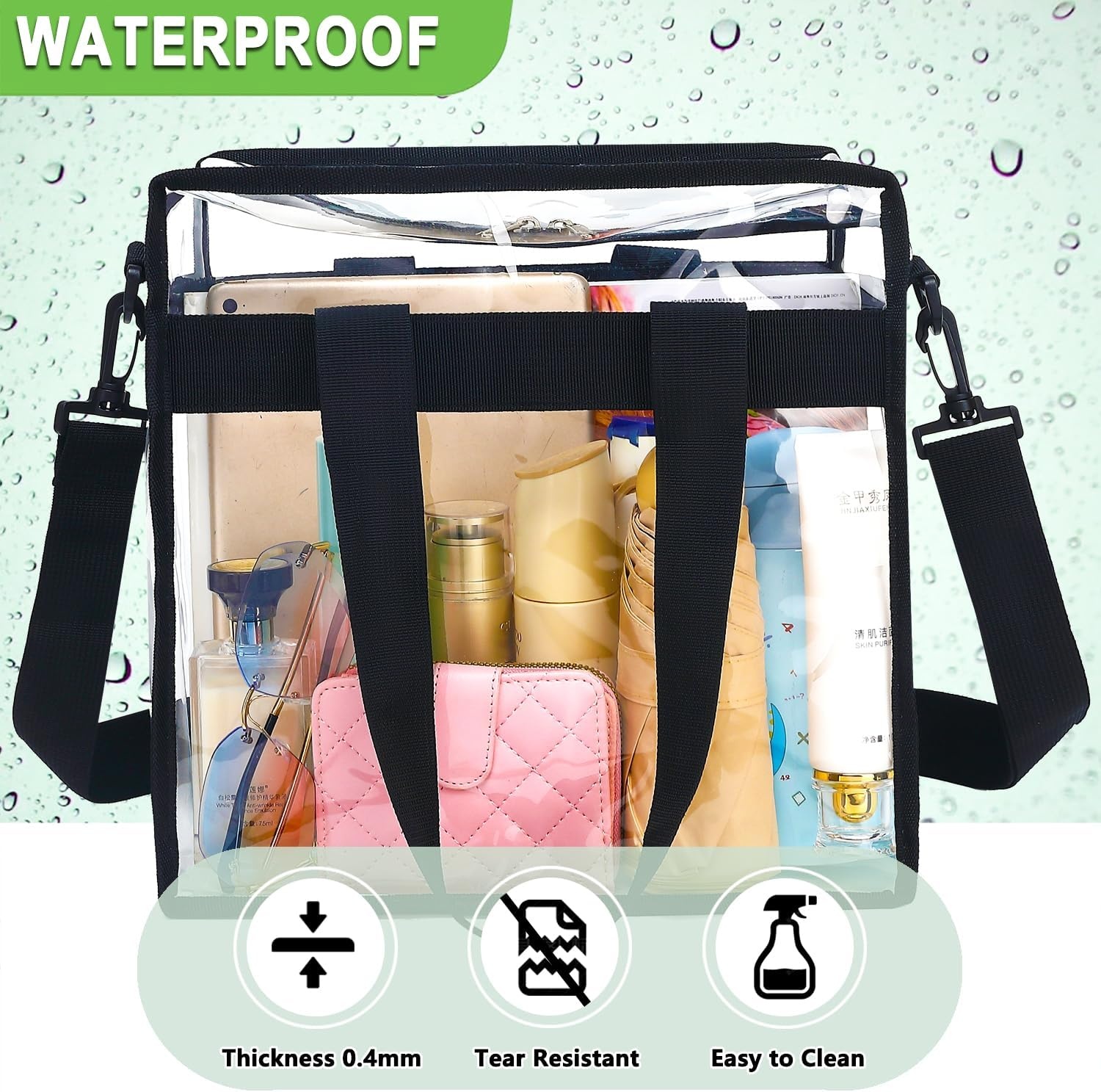 image:imageFammart Clear Bag for Stadium Events 12x6x12 Jelly Tote Bag for Women with Zipper for Beach Sports Concerts WorkAdjustable Strap Black