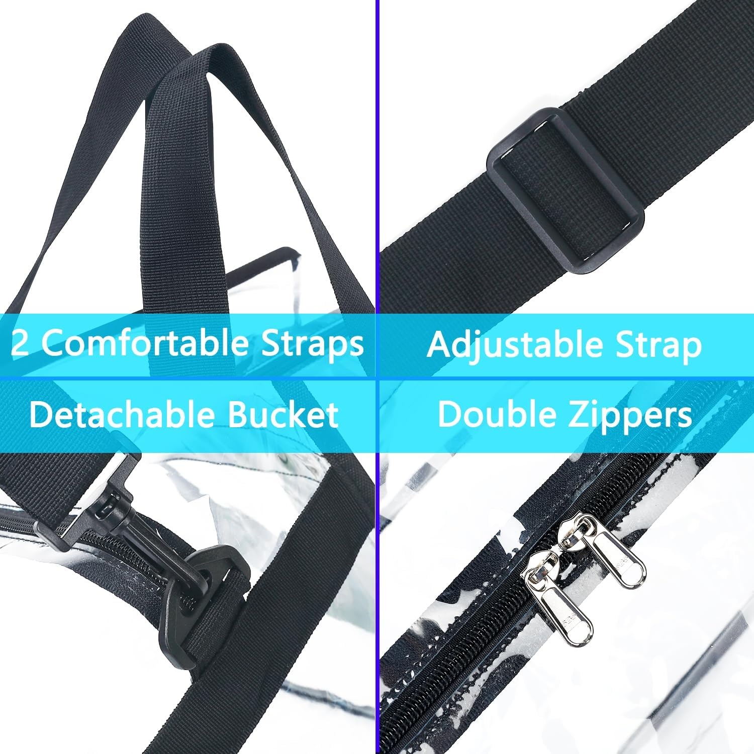 image:imageFammart Clear Bag for Stadium Events 12x6x12 Jelly Tote Bag for Women with Zipper for Beach Sports Concerts WorkAdjustable Strap Black