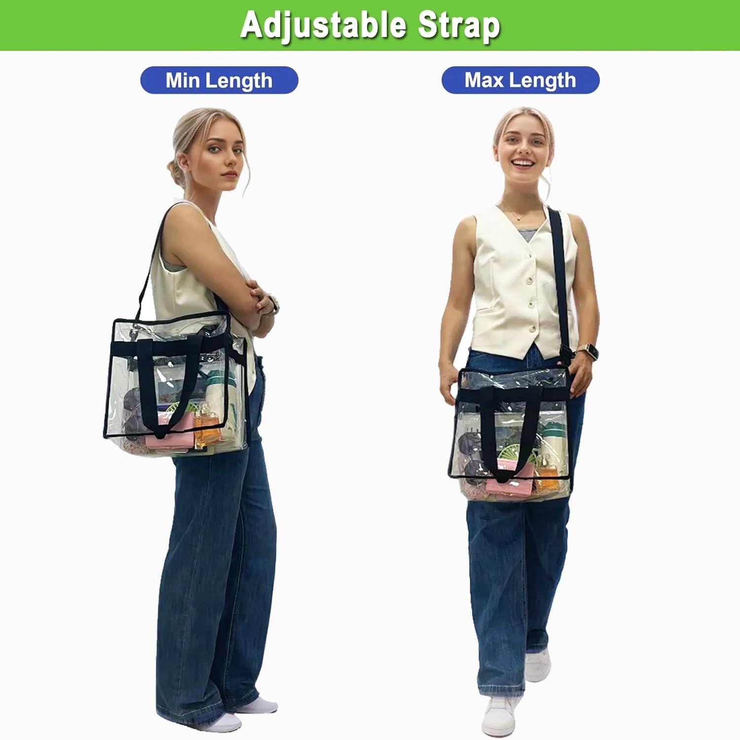 image:imageFammart Clear Bag for Stadium Events 12x6x12 Jelly Tote Bag for Women with Zipper for Beach Sports Concerts WorkAdjustable Strap Black