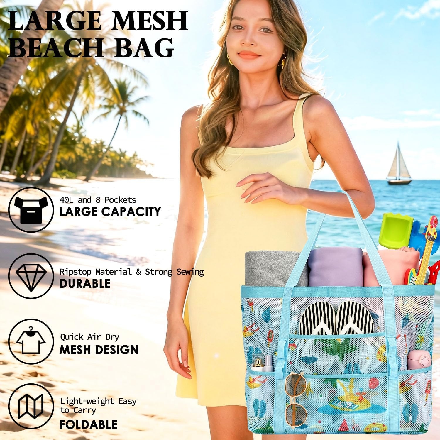 image:imageFammart Mesh Beach Bag for Women Large Beach Toy Pool Bag with Zipper Pocket SandProof Cruise Essentials 2026 Family Travel