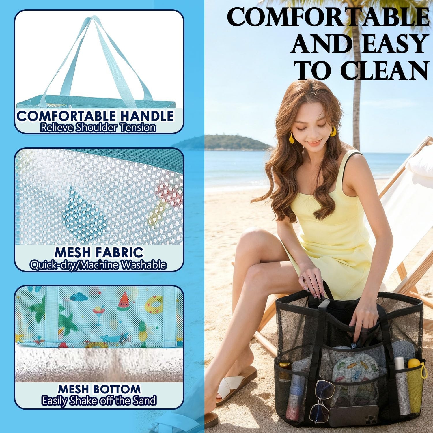 image:imageFammart Mesh Beach Bag for Women Large Beach Toy Pool Bag with Zipper Pocket SandProof Cruise Essentials 2026 Family Travel