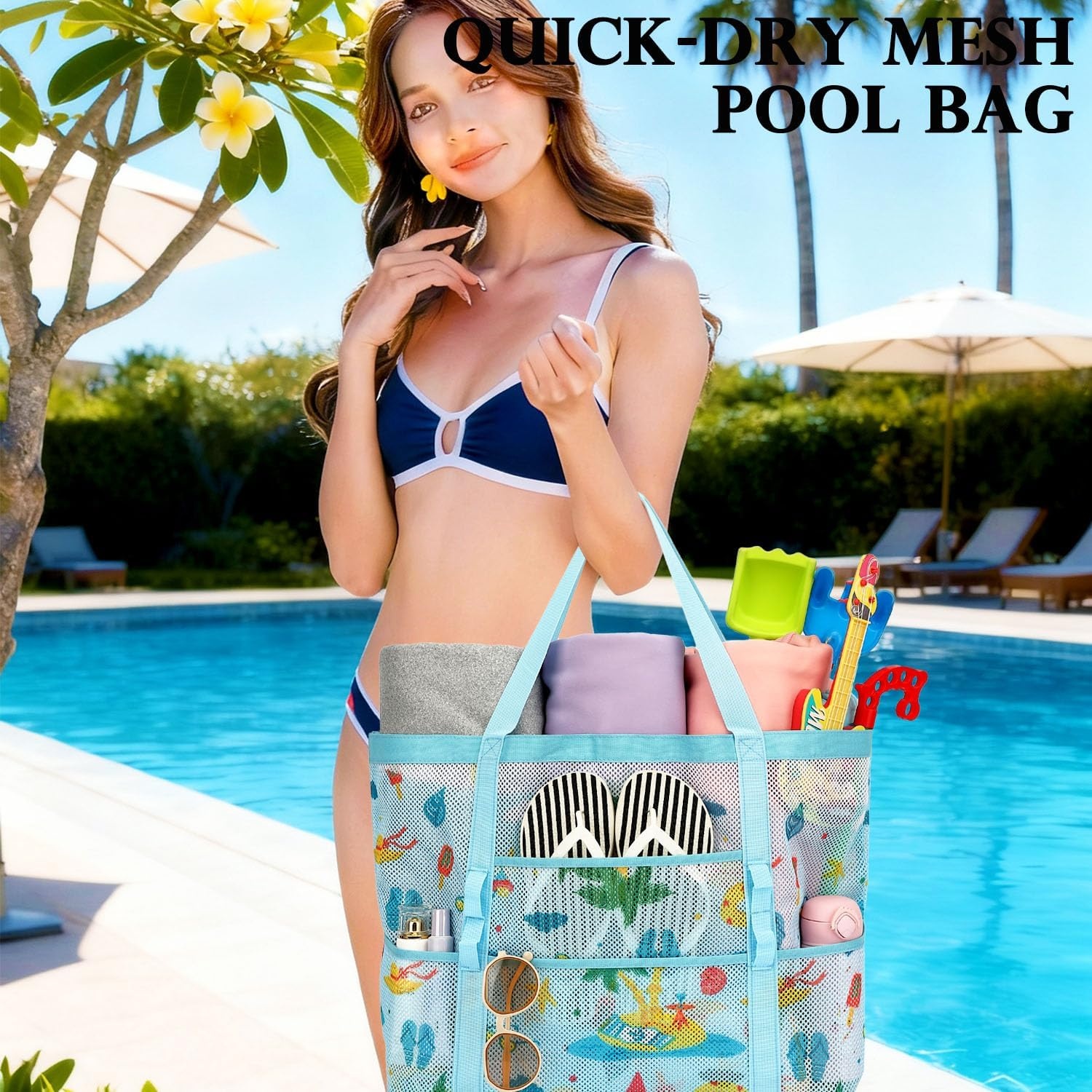 image:imageFammart Mesh Beach Bag for Women Large Beach Toy Pool Bag with Zipper Pocket SandProof Cruise Essentials 2026 Family Travel