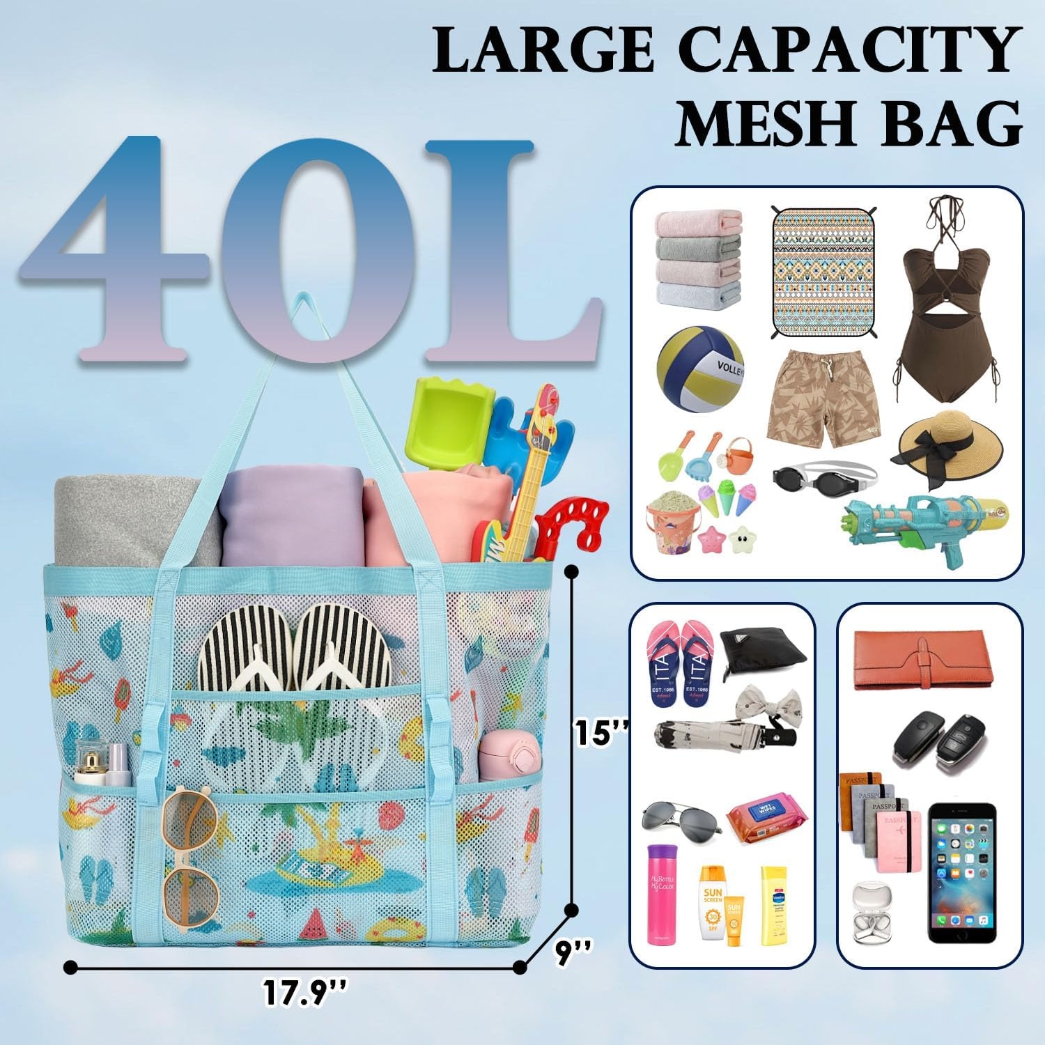image:imageFammart Mesh Beach Bag for Women Large Beach Toy Pool Bag with Zipper Pocket SandProof Cruise Essentials 2026 Family Travel