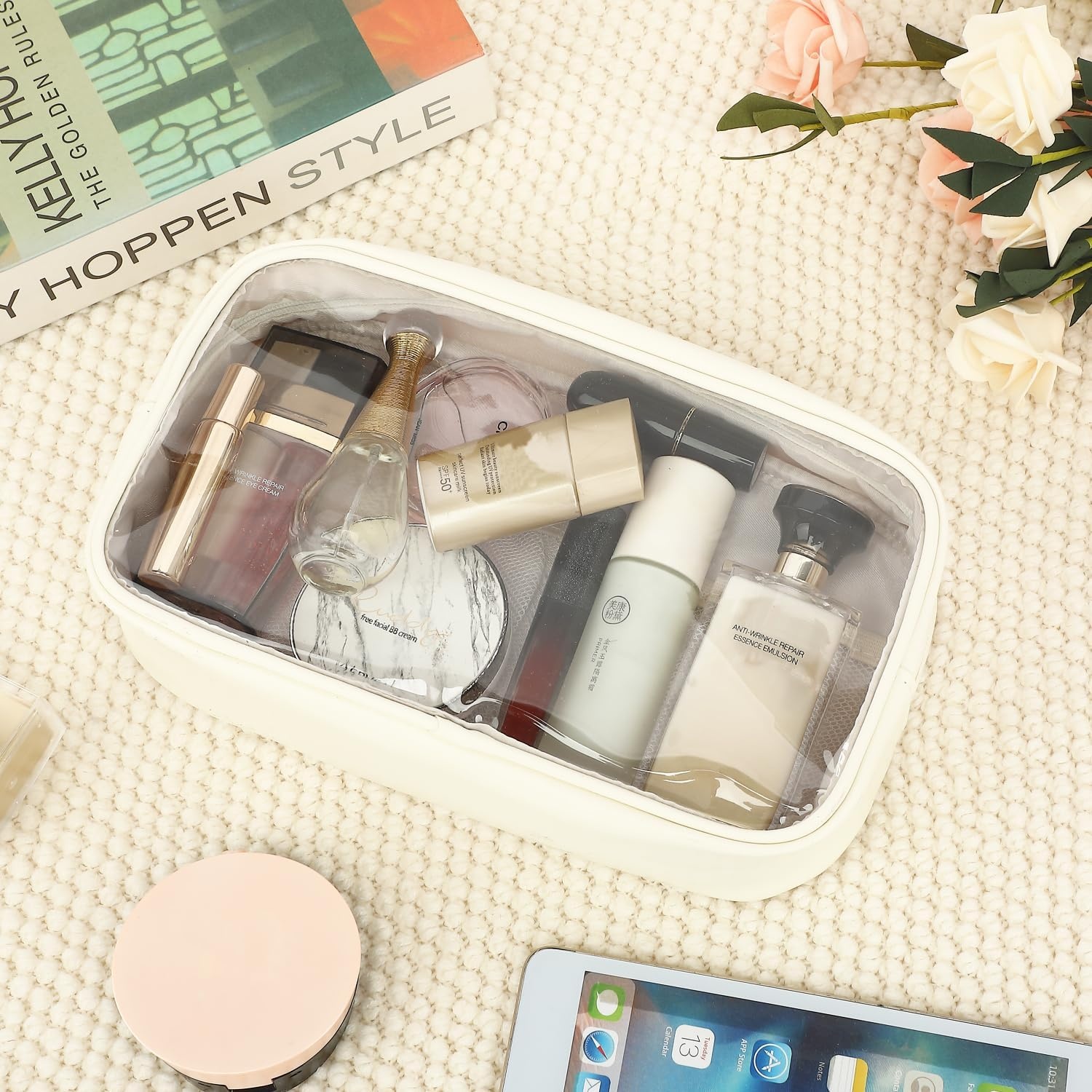 image:imageFammart Travel Makeup Bag Waterproof Canvas Cosmetic Bag Make Up Organizer Case for Women Large Toiletry Bag Skincare Pouch for Toiletries Accessories BrushesClear Large Beige