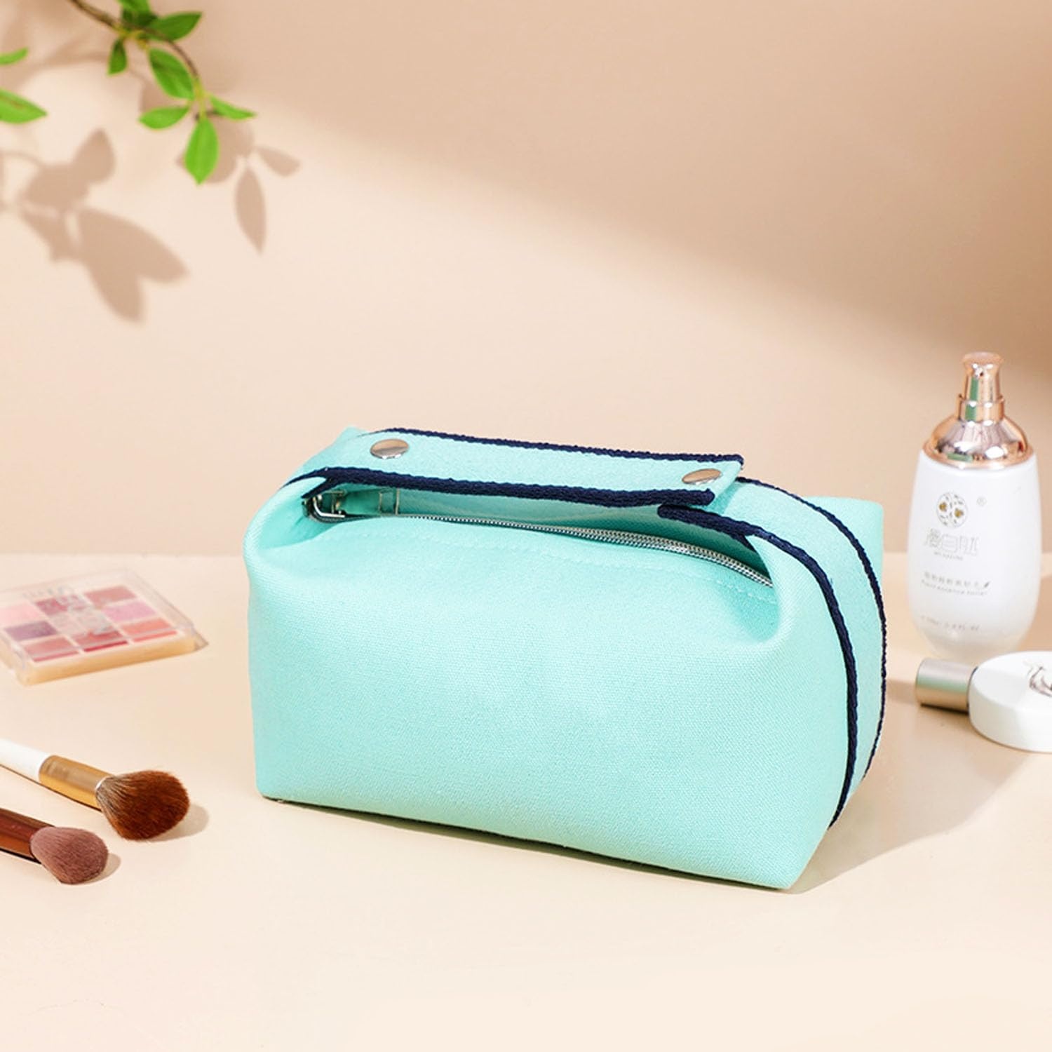 image:imageFammart Travel Makeup Bag Waterproof Canvas Cosmetic Bag Make Up Organizer Case for Women Large Toiletry Bag Skincare Pouch for Toiletries Accessories BrushesCanvas Light Blue