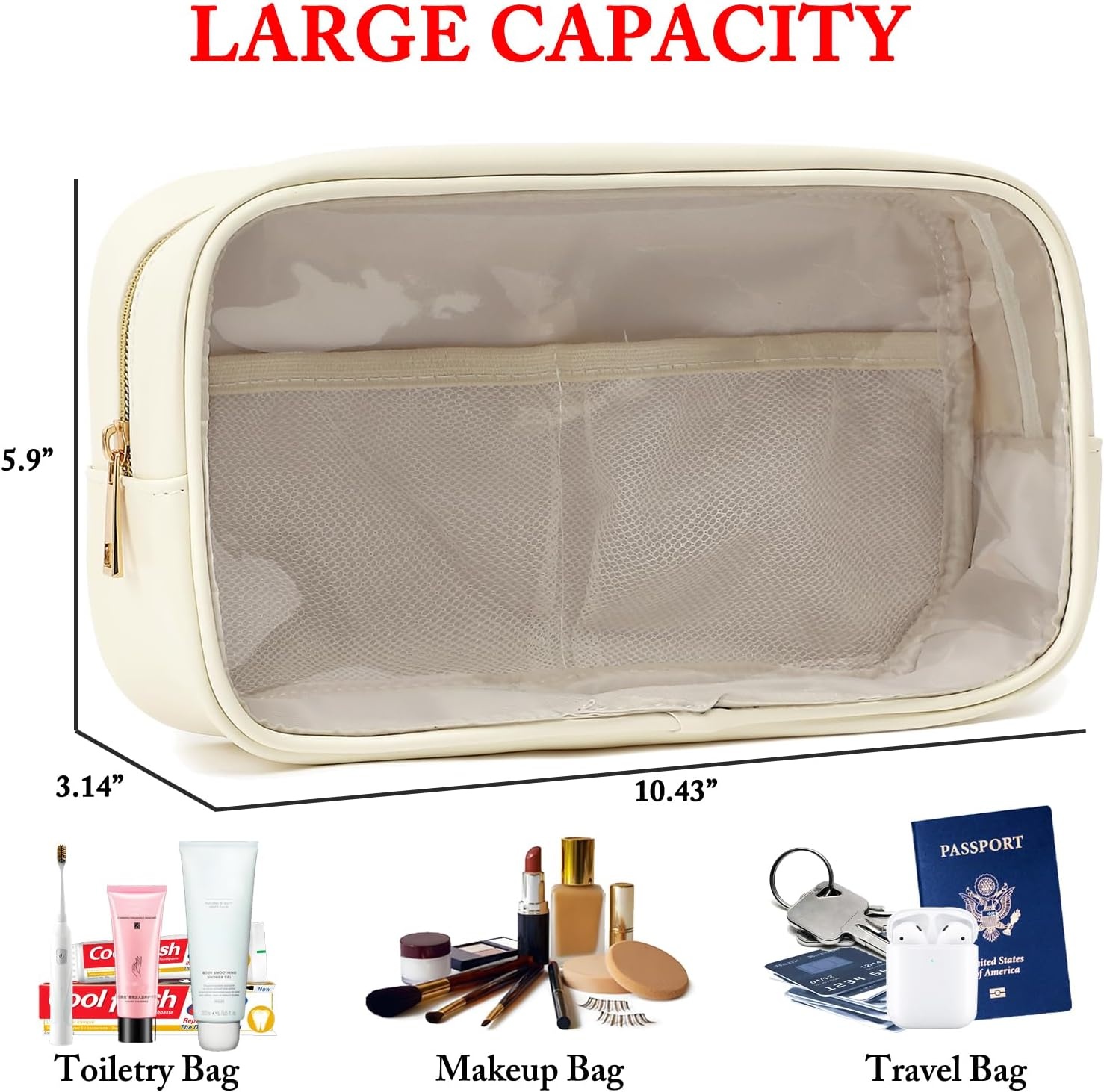 image:imageFammart Travel Makeup Bag Waterproof Canvas Cosmetic Bag Make Up Organizer Case for Women Large Toiletry Bag Skincare Pouch for Toiletries Accessories BrushesClear Large Beige